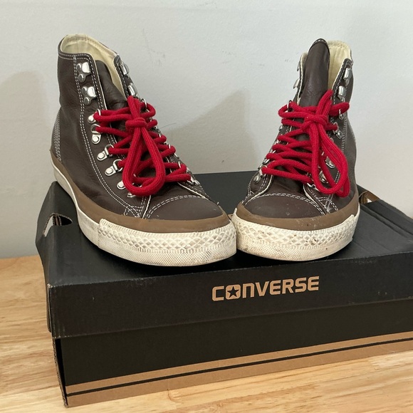 Converse Brown High-Tops with Red Laces - Picture 1 of 3